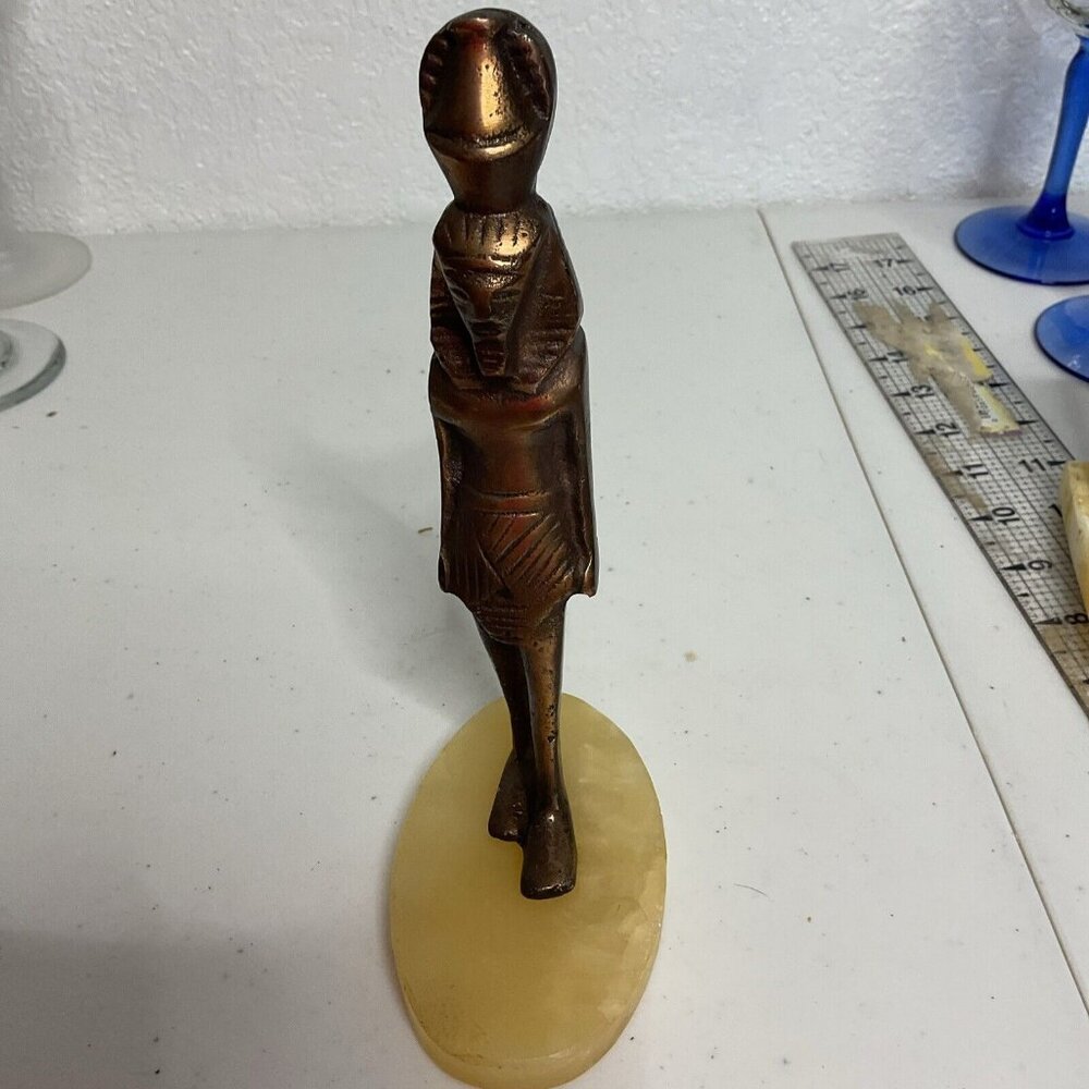 Vintage Egyptian pharaohCopper King Ramses Statue On stone Base 8.5”